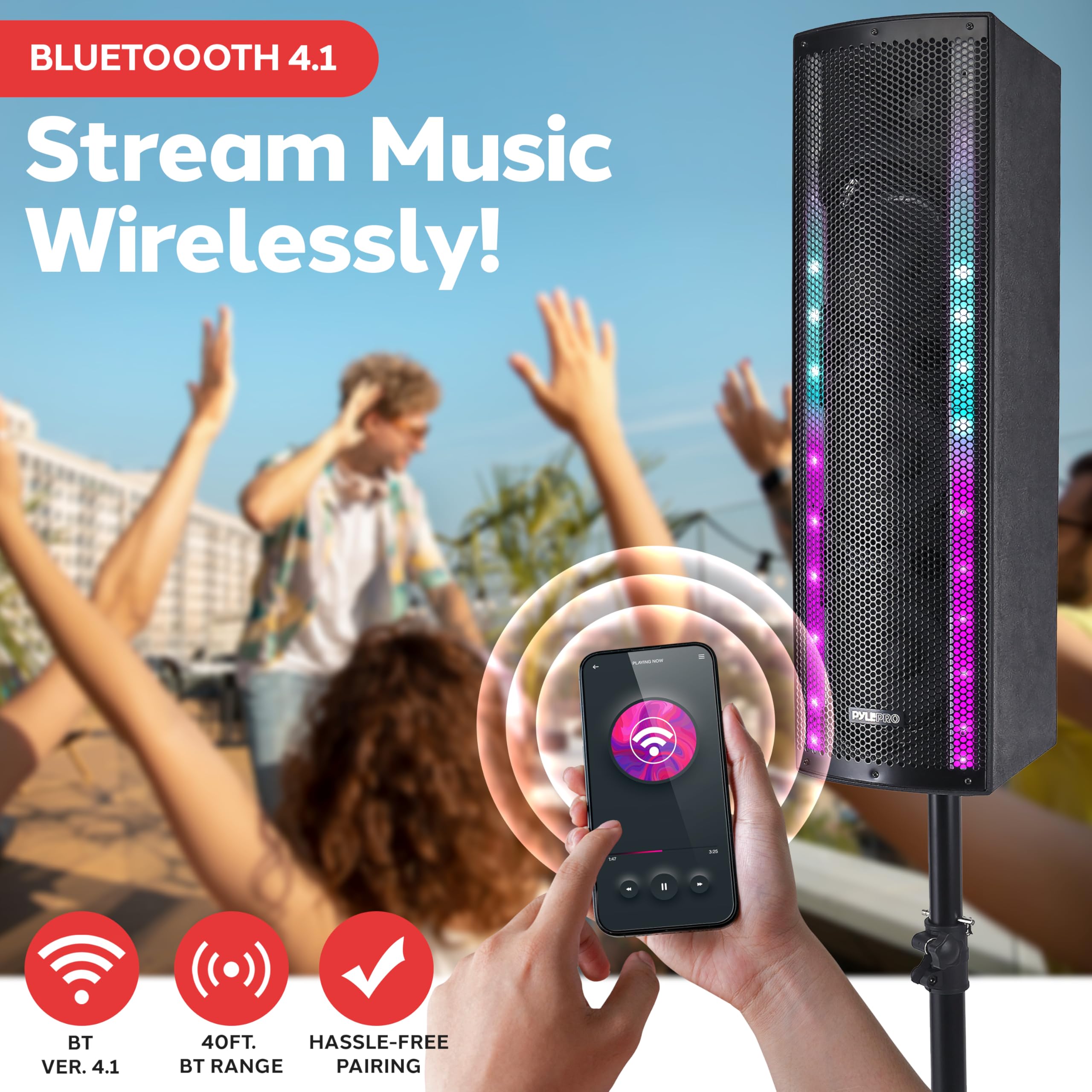 Pyle Portable Bluetooth PA Speaker System - 3-Way Active & Passive Outdoor Bluetooth Speaker Portable PA System w/ Microphone In